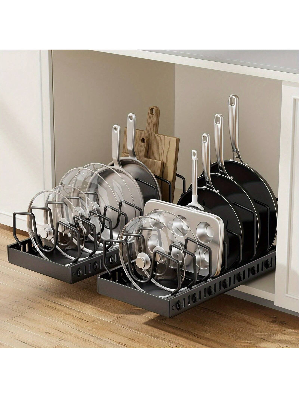 Adjustable Cookware and Pan Storage Rack with Sliding Lid - Black Carbon Steel