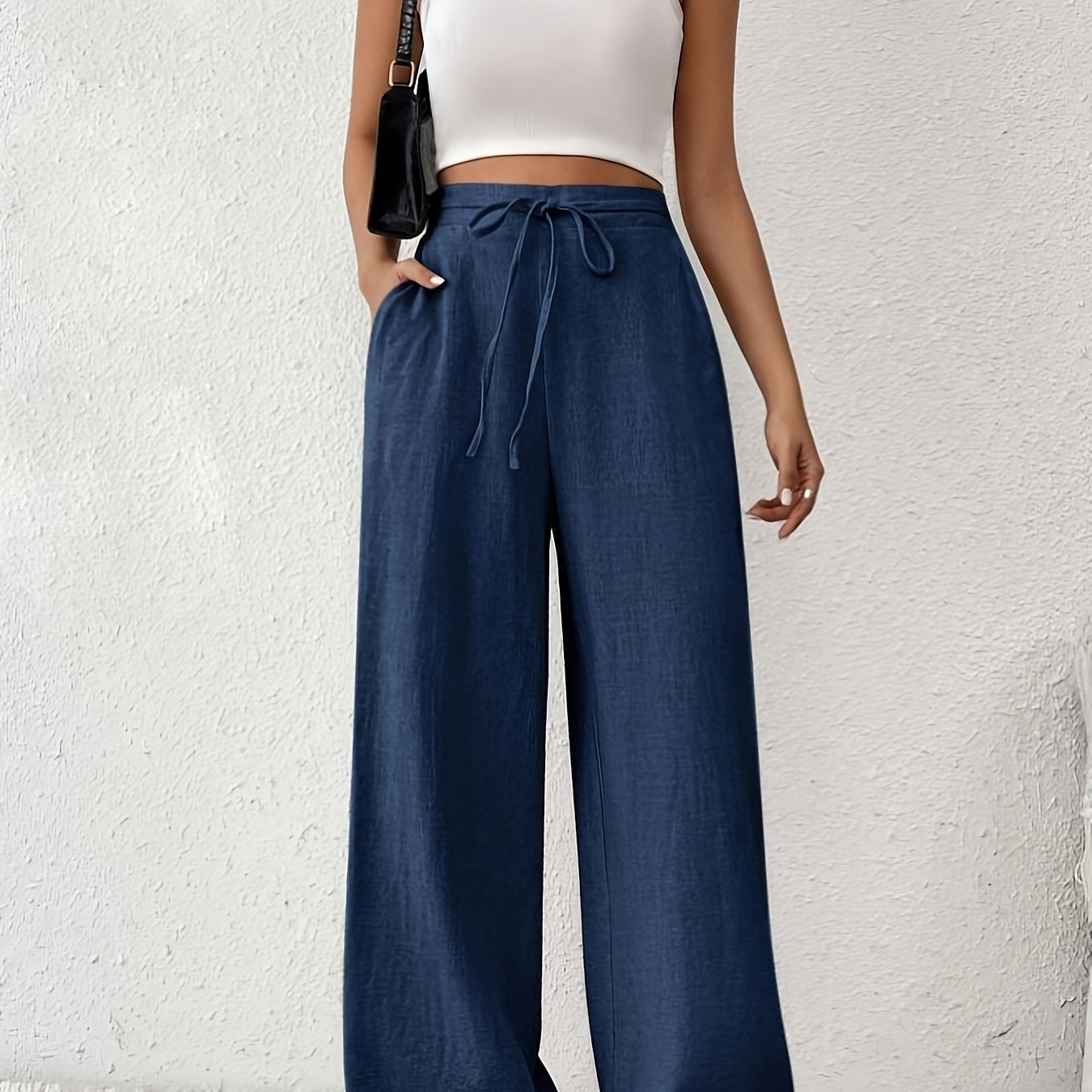 Casual French-Style Wide-Leg Pants with Pockets Navy Blue / XXL