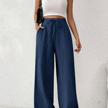 Casual French-Style Wide-Leg Pants with Pockets Navy Blue / XXL