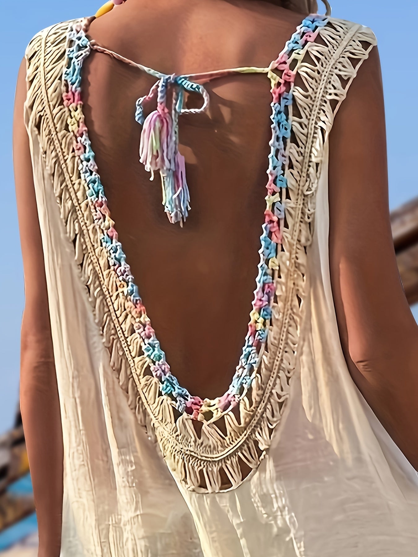 Boho Chic Hollow Out Crochet Backless Cover-Up Dress