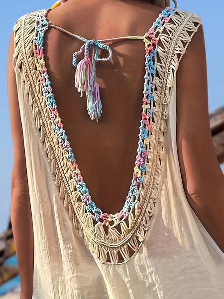 Boho Chic Hollow Out Crochet Backless Cover-Up Dress