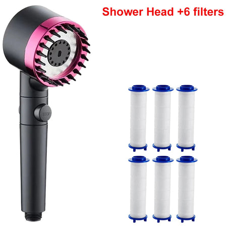4 Modes Showerhead High Pressure Shower Head With Water Filtration Massage Shower Head Rainfall Shower Bathroom Accessories Purple and 6 Filters