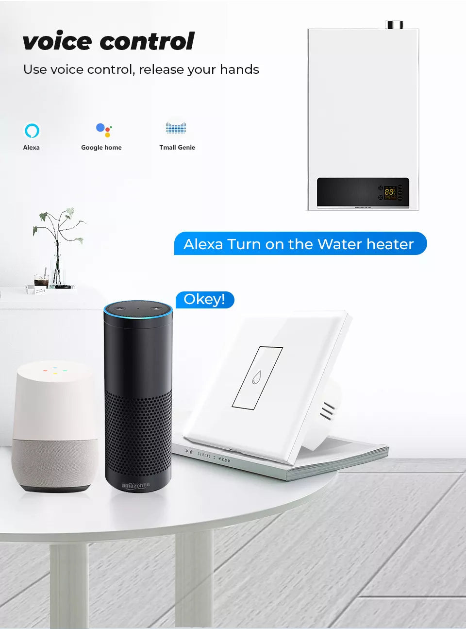 40A Tuya Smart Touch Wall WiFi Boiler Smart Water Heater Switch. Remote Voice Timer Google Home Alexa. (Apple/Android) Colour white. .