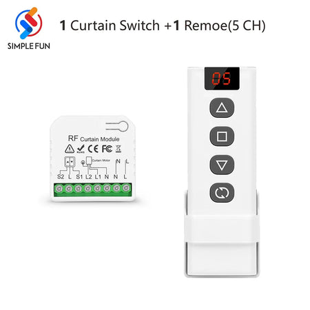 433Mhz Curtain Remote Control Switch,5-in-1 Remote,Wireless Panel Switch,110V 220V 16A RF Module for Roller Shutter Blind Garage 1Receiver 1R-5CH