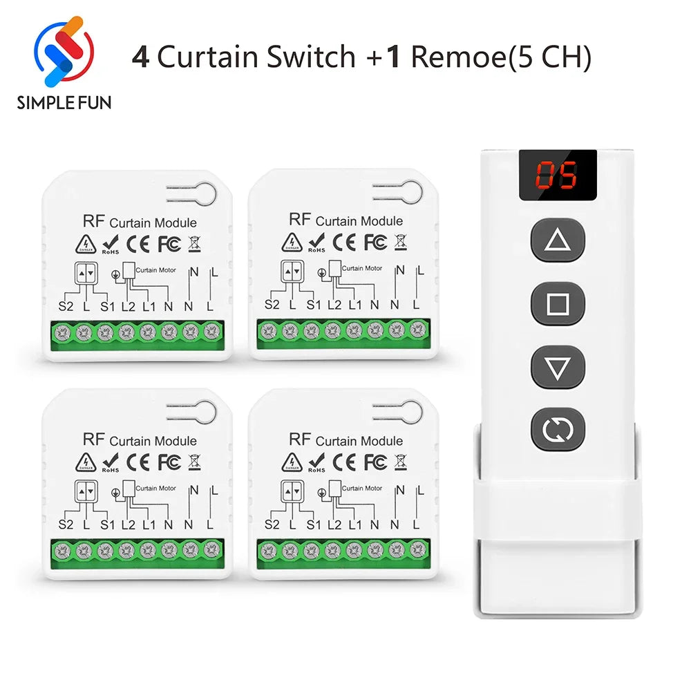 433Mhz Curtain Remote Control Switch,5-in-1 Remote,Wireless Panel Switch,110V 220V 16A RF Module for Roller Shutter Blind Garage 4Receiver 1R-5CH