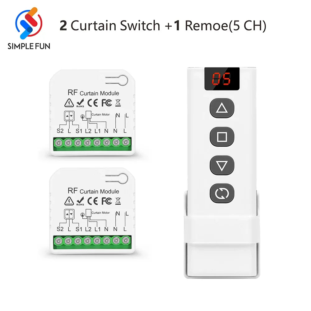 433Mhz Curtain Remote Control Switch,5-in-1 Remote,Wireless Panel Switch,110V 220V 16A RF Module for Roller Shutter Blind Garage