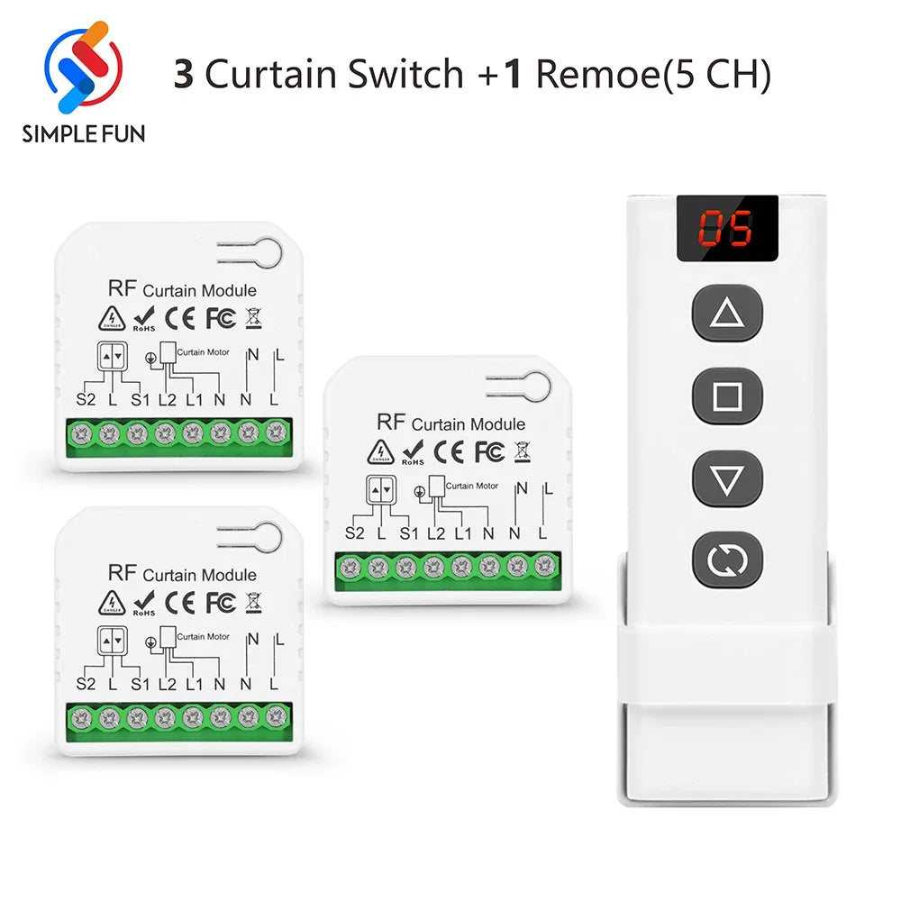 433Mhz Curtain Remote Control Switch,5-in-1 Remote,Wireless Panel Switch,110V 220V 16A RF Module for Roller Shutter Blind Garage