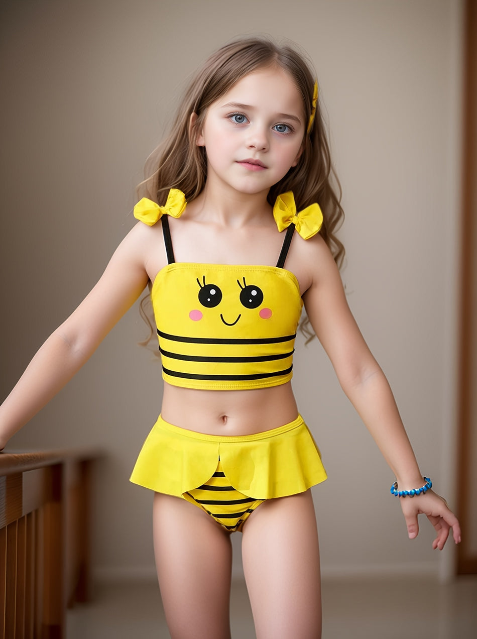 Little Bee Bow-Detail Striped Tankini for Young Girls