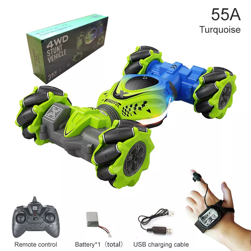 4WD RC Car Toy 2.4G Radio Remote Control Cars RC Watch Gesture Sensor Rotation Twist Stunt Drift Vehicle Toy for CHildren Kids Green TWO RC 1B