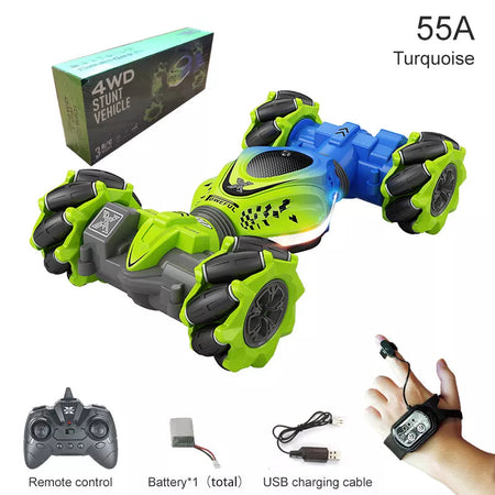 4WD RC Car Toy 2.4G Radio Remote Control Cars RC Watch Gesture Sensor Rotation Twist Stunt Drift Vehicle Toy for CHildren Kids Green TWO RC 1B