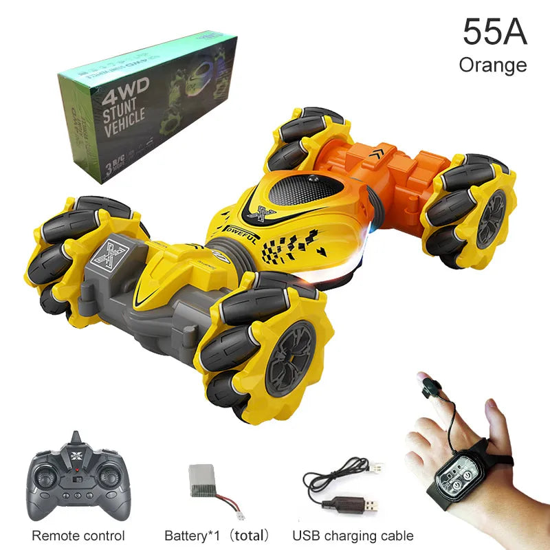 4WD RC Car Toy 2.4G Radio Remote Control Cars RC Watch Gesture Sensor Rotation Twist Stunt Drift Vehicle Toy for CHildren Kids Orange TWO RC 1B