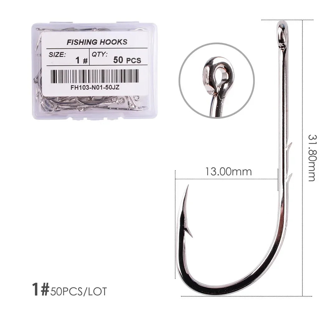 50pcs/ Box Long Shank Fishing Hook 1#-12# Fish Hooks High Carbon Steel Sharp Barbed Offset Narrow Bait Hook Carp Fishhook Size 1