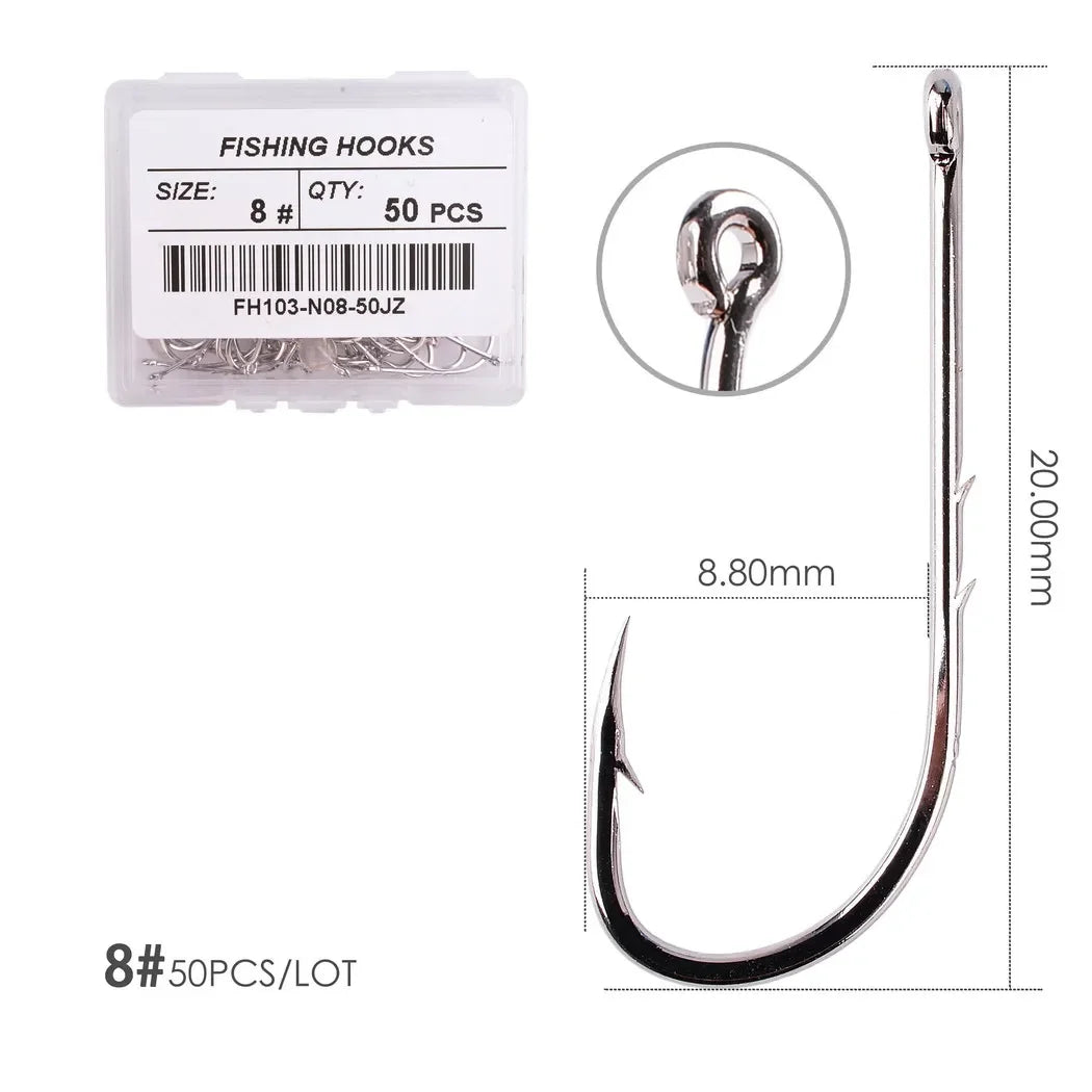 50pcs/ Box Long Shank Fishing Hook 1#-12# Fish Hooks High Carbon Steel Sharp Barbed Offset Narrow Bait Hook Carp Fishhook Size 8