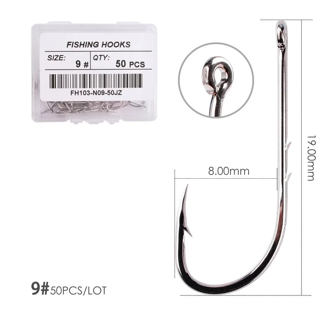 50pcs/ Box Long Shank Fishing Hook 1#-12# Fish Hooks High Carbon Steel Sharp Barbed Offset Narrow Bait Hook Carp Fishhook Size 9