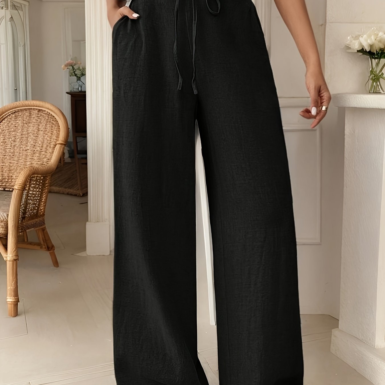 Casual French-Style Wide-Leg Pants with Pockets Black / XXL
