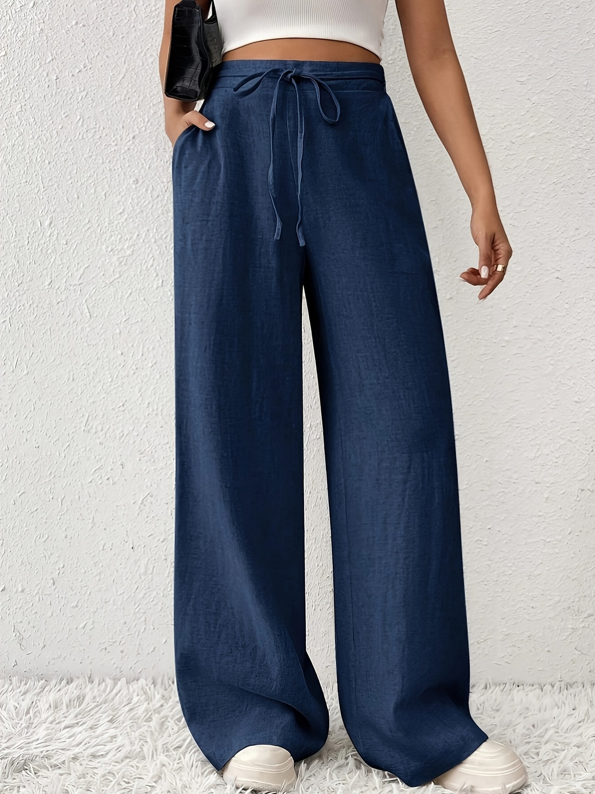 Casual French-Style Wide-Leg Pants with Pockets