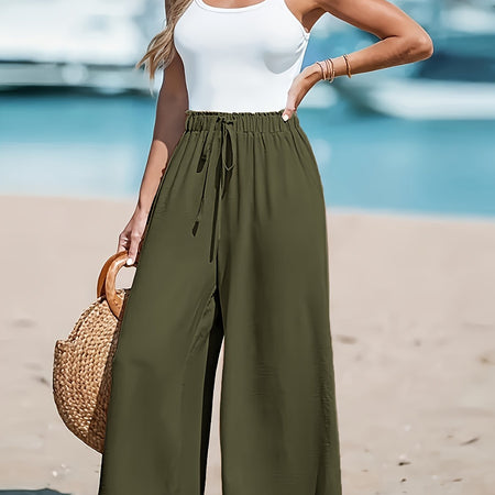 Elegant High-Waisted Loose Wide-Leg Pants for Women M / Army Green