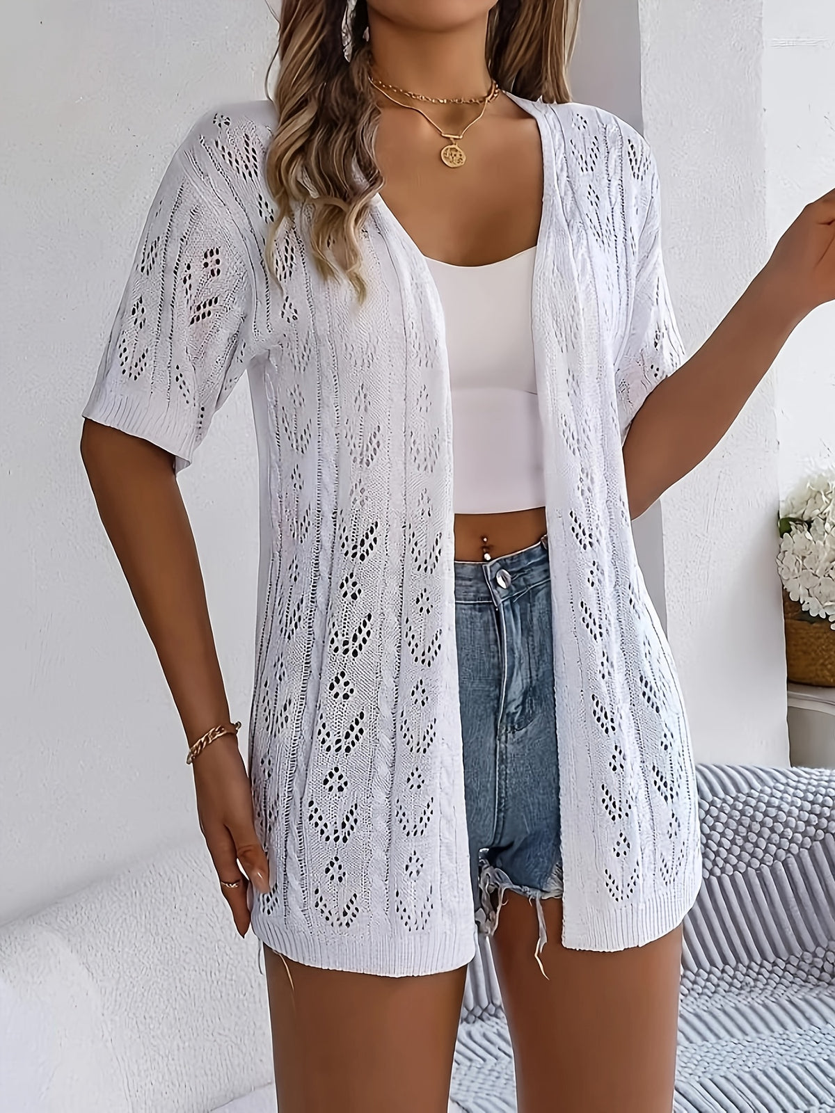 Plus Size Sexy V-Neck Lace Beach Cardigan - Lightweight Long Sleeve Cover-Up