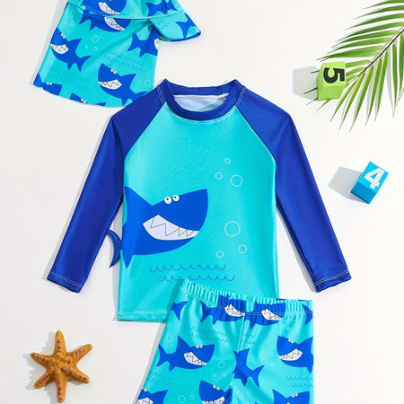 YR0038 Boys Three-Piece Long Sleeve Swimsuit Set with Hat Peacock Blue / 7Y
