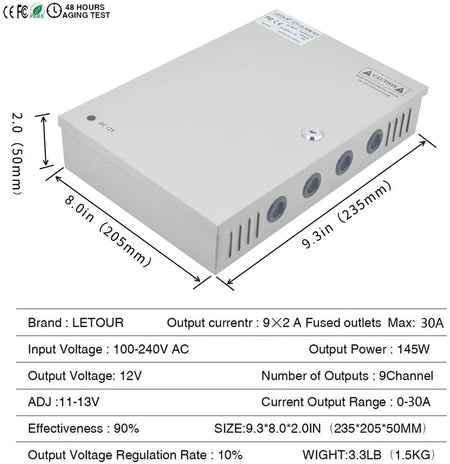 LETOUR Security Camera Power Box 18 Channel Port Output DC 12V 30Amp 360W Raintight CCTV Power Supply Box With PTC Fuse For LED Strip LED Display