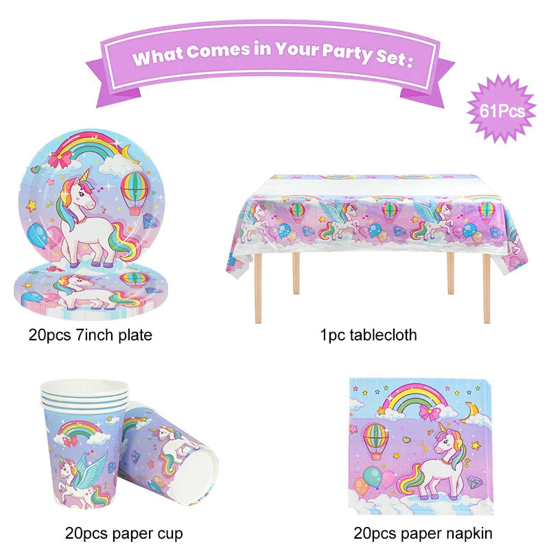61Pcs Rainbow Unicorn Disposable Tableware Set