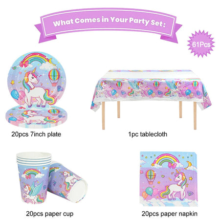 61Pcs Rainbow Unicorn Disposable Tableware Set