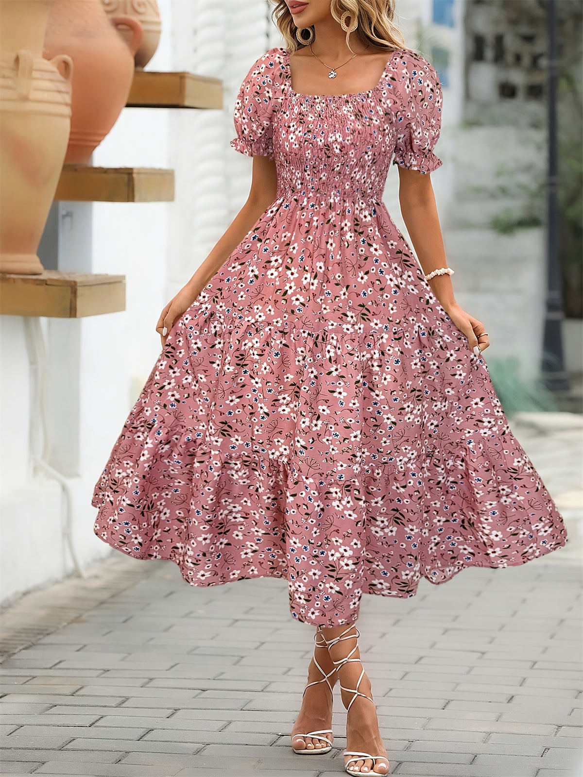 Elegant Floral Print Midi Dress with Ruffle Sleeves and Square Neck