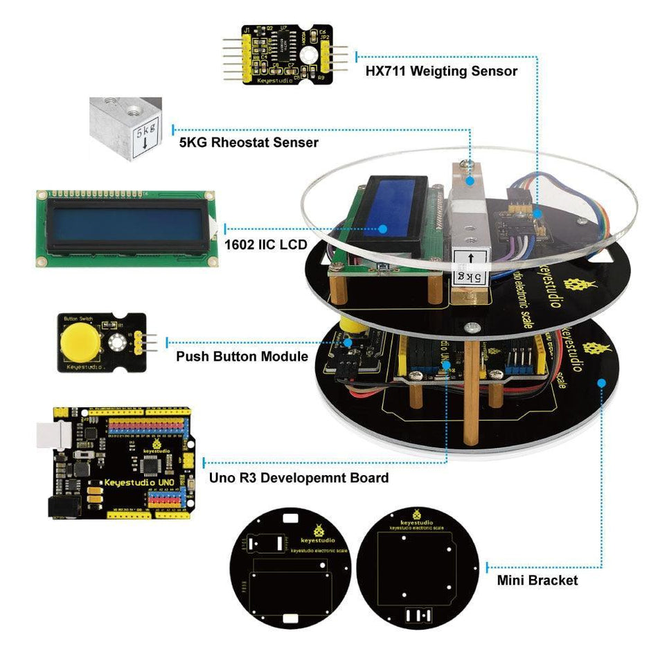 🟢 Viewtek KS0087 Arduino sada pro DYI elektronickou váhu do 5 kg s deskou Uno R3, brožurou s montáží a schématy, kódy, videem a tutoriálem