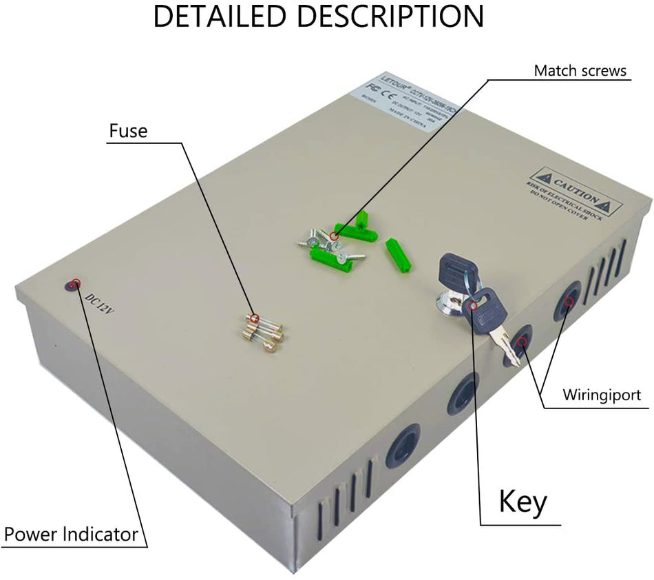🟢 LETOUR Bezpečnostní kamera napájecí box 18 kanálový port výstup DC 12V 30Amp 360W vodotěsný CCTV napájecí box s PTC pojistkou pro LED pás LED displej