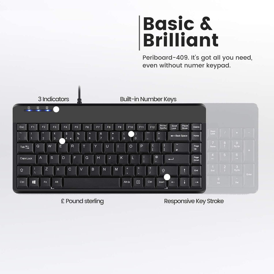 🟢 Perixx Periboard-409U Wired USB Mini Keyboard, Black, UK Mayout