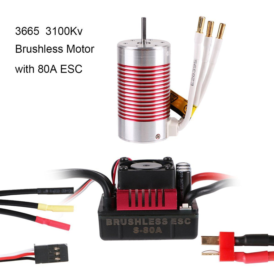 🟢 Crazepony-UK 3665 3100KV 4P bezkartáčový motor s 80A ESC (elektronický regulátor otáček) vodotěsný pro 1/10 1/8 RC auto (červený)