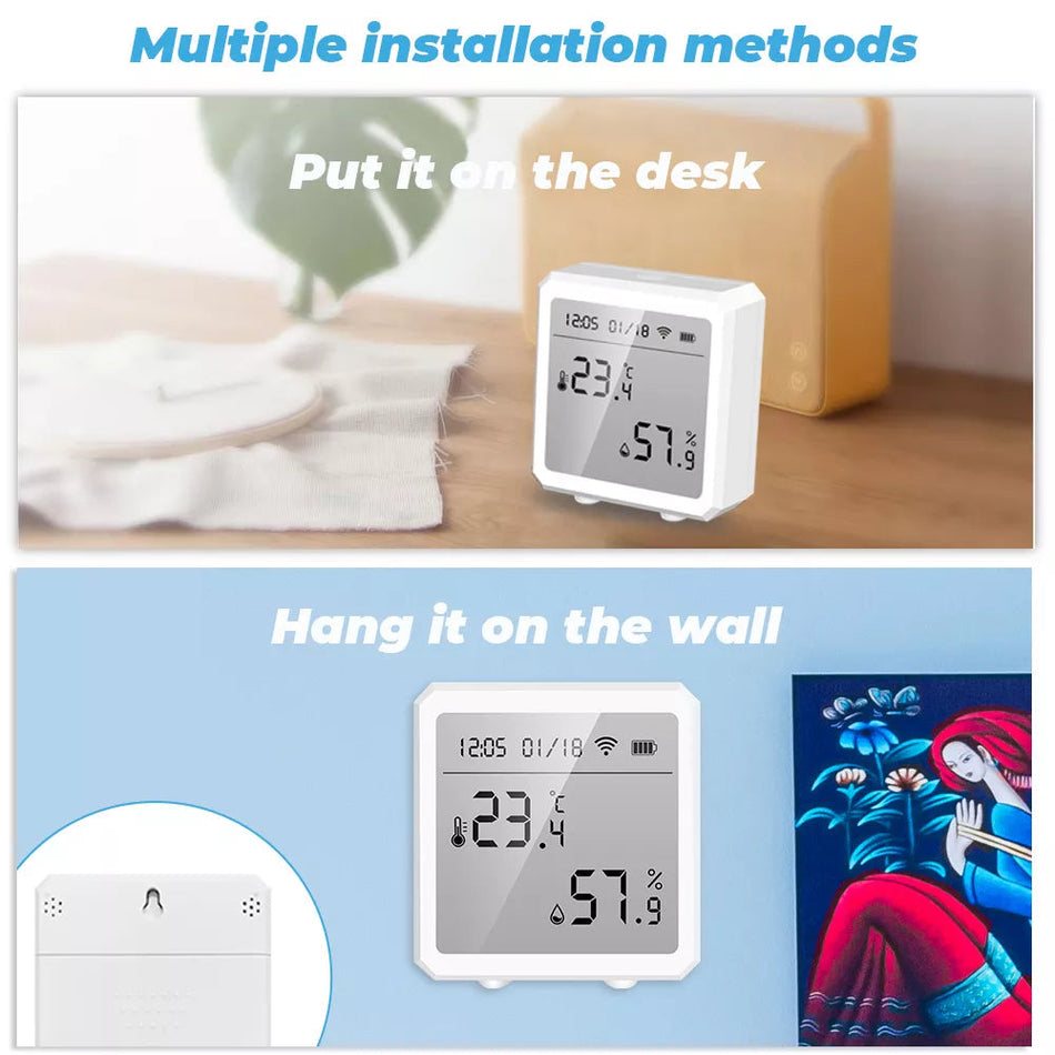 🟢 Tuya Wifi Smart Temperature And Humidity Sensor Indoor Hygrometer Thermometer Alarm Battery Display Alexa Google Home. Colour black.