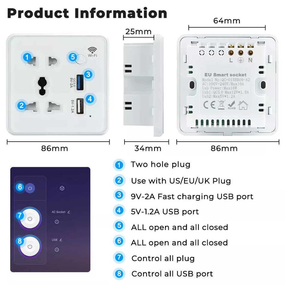 🟢 Tuya Wifi Wall Smart Socket US EU UK Plug Tempered Glass Quick Fast Charger 3.0 Usb Charging Timing Google Home Alexa