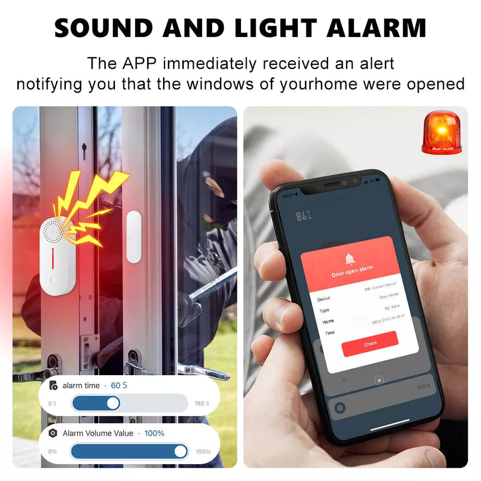 🟢 Arm And Disarm Tuya Smart WiFi Door Window Sensor Detectors Sound And Light Alarm Smart life Timing Work With Alexa Google Home