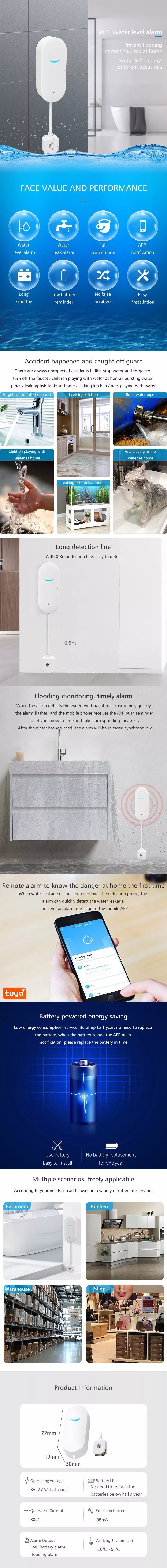 🟢 WiFi water leak detector home kitchen living room water tank level alarm tuya smart water pipe leak sensor
