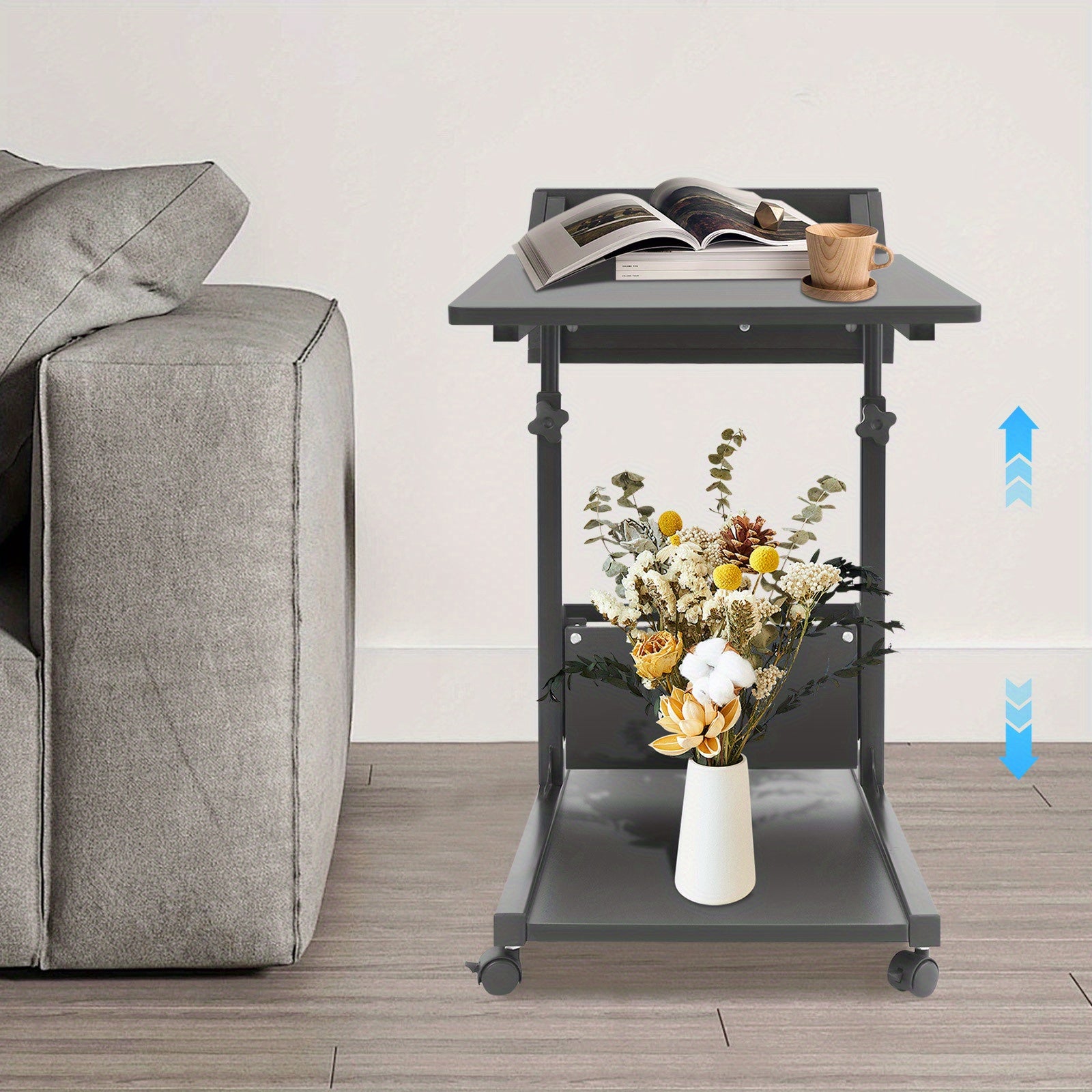 Black Mobile Side Table &ndash; Height Adjustable C-Shaped