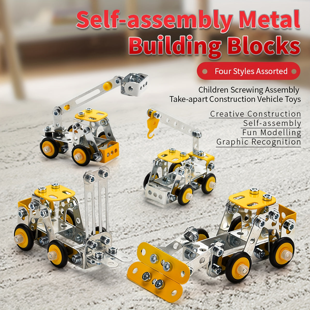 330PCS 4-in-1 Metal Engineering Vehicle Building Blocks Kit for Ages 8+ Yellow