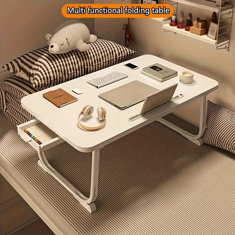 Foldable Bedside Table &ndash; Dual-Purpose Design with Drawer and Cup Holder White
