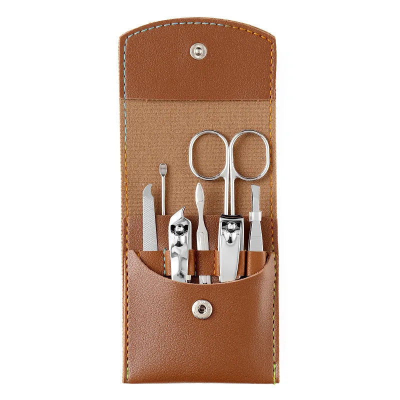 7-Piece Stainless Steel Manicure Pedicure Set for Convenient Grooming Brown