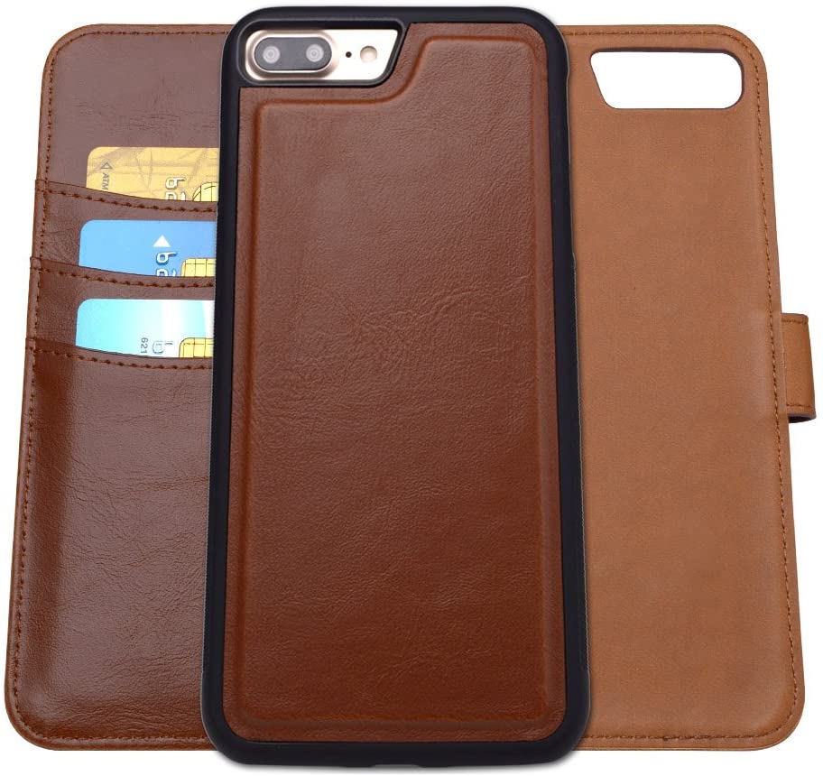 SHANSHUI PU Leather Case Compatible With IPhone 8 Plus/7 Plus Detachable Wallet Case With Card Slots On Flip Book Cover In RFID Protection And Stand Function With Magnet Tan/Brown