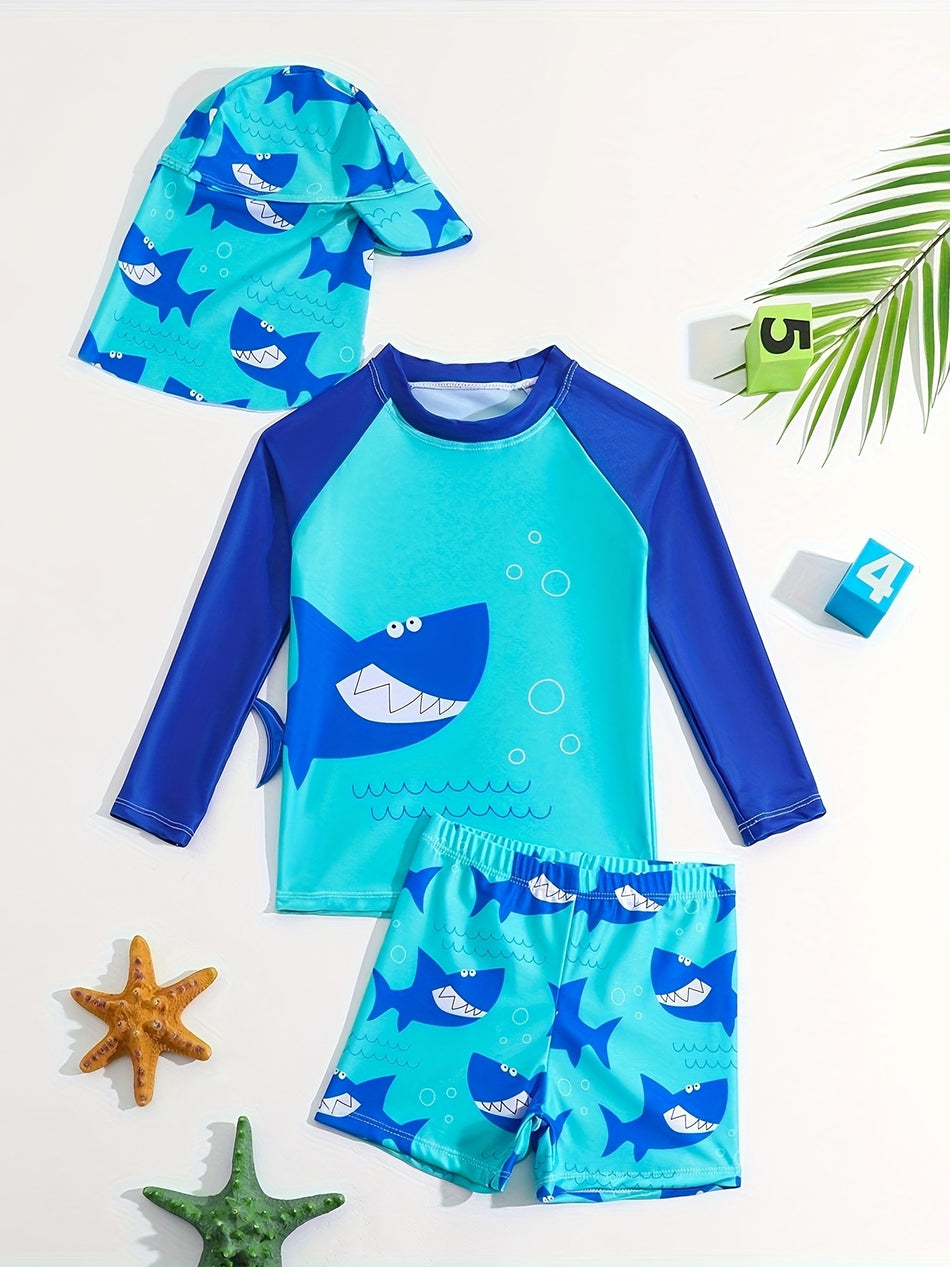 YR0038 Boys Three-Piece Long Sleeve Swimsuit Set with Hat