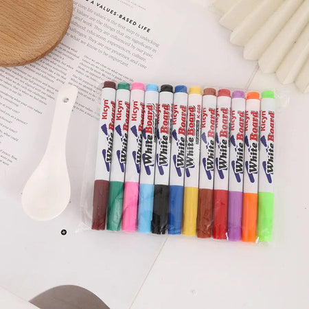 8/12 Colors Magical Water Floating Student Painting Brush  Whiteboard Markers Pen Suspension Kids Educational Painting Pen Toys 12PCS with Spoon