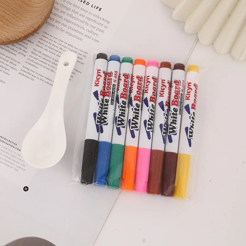 8/12 Colors Magical Water Floating Student Painting Brush  Whiteboard Markers Pen Suspension Kids Educational Painting Pen Toys 8 PCS with Spoon