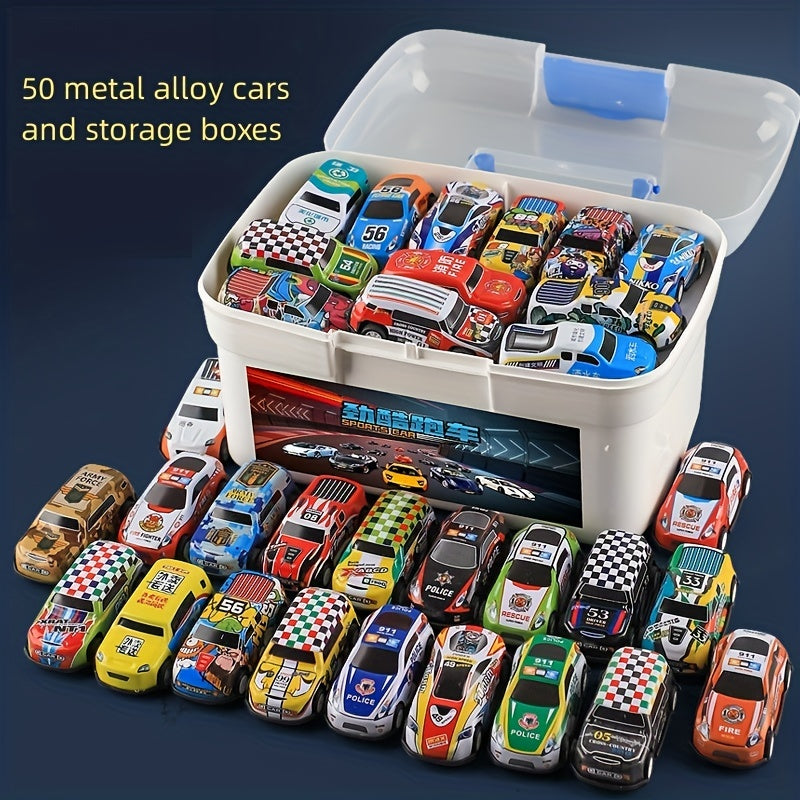 50pcs Mini Alloy Car with Storage Box - Children's Toys, Halloween, Christmas Gift