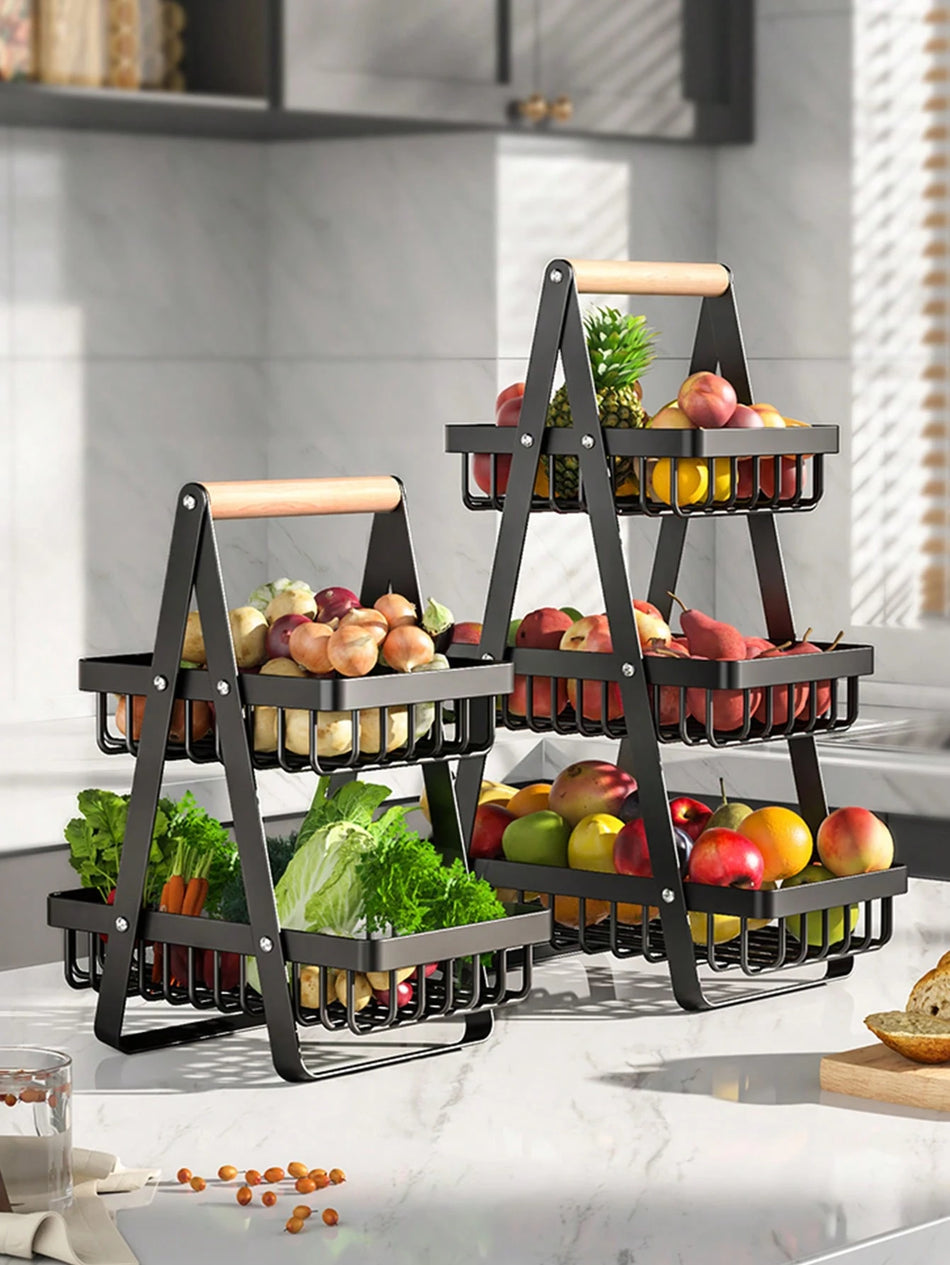 Wrought Iron Foldable Double-Layer Storage Basket for Kitchen and Home