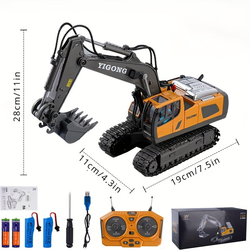 11 Channel RC Excavator Toy with Metal Shovel, Remote Control Bulldozer Vehicles - Gift with Light and Sound
