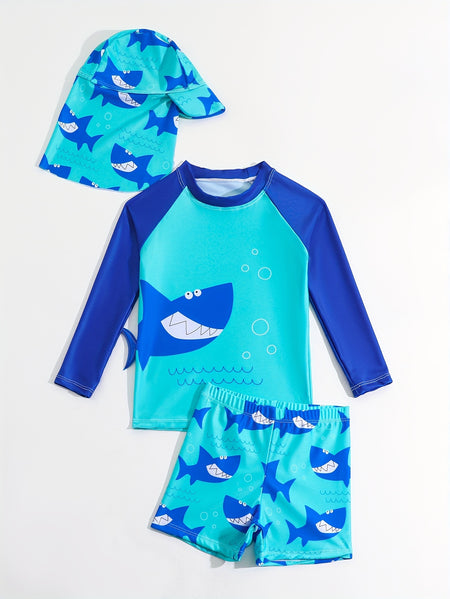YR0038 Boys Three-Piece Long Sleeve Swimsuit Set with Hat