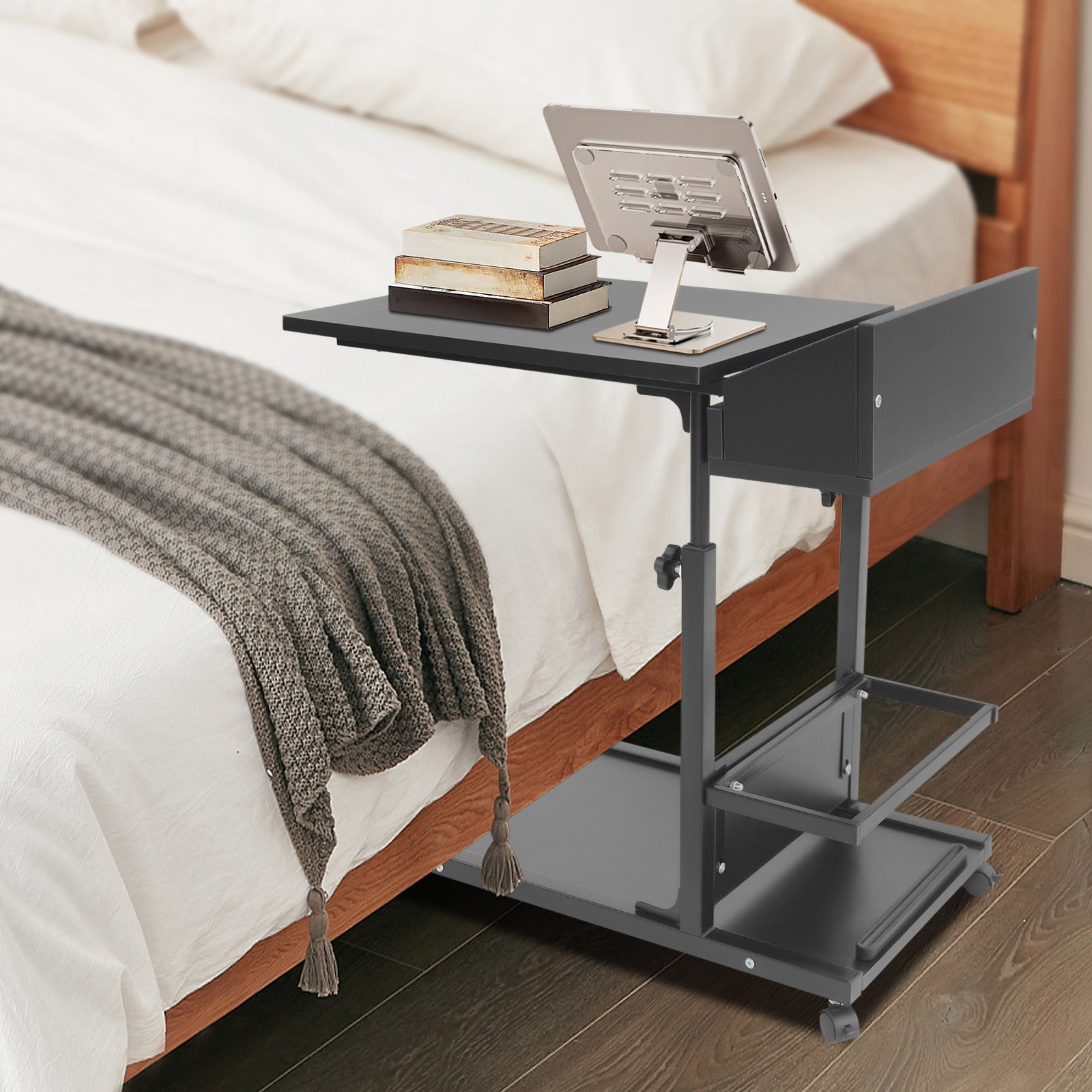 Black Mobile Side Table &ndash; Height Adjustable C-Shaped