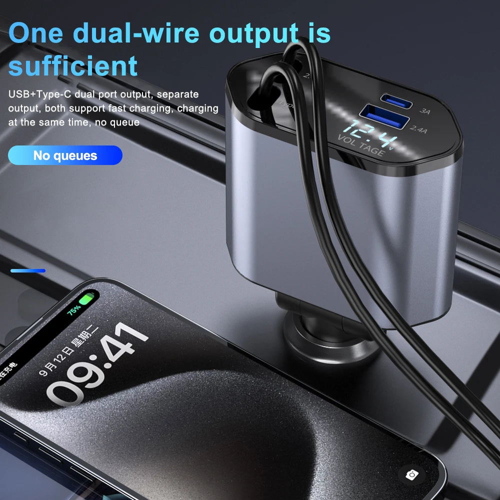 4 in 1 Retractable Car Charger Wired 120W &ndash; Super Fast Charging for Multiple Devices