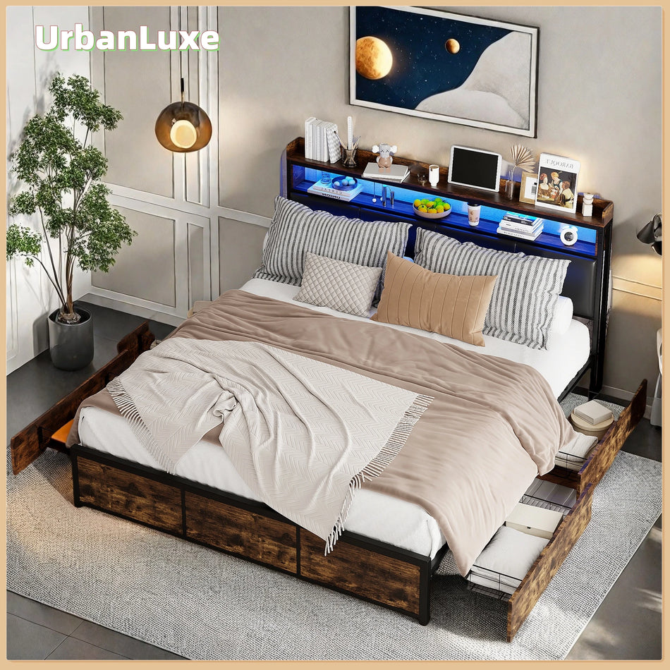 Urban Luxe Bed 140x200 With 4 Drawers Black LED Bar